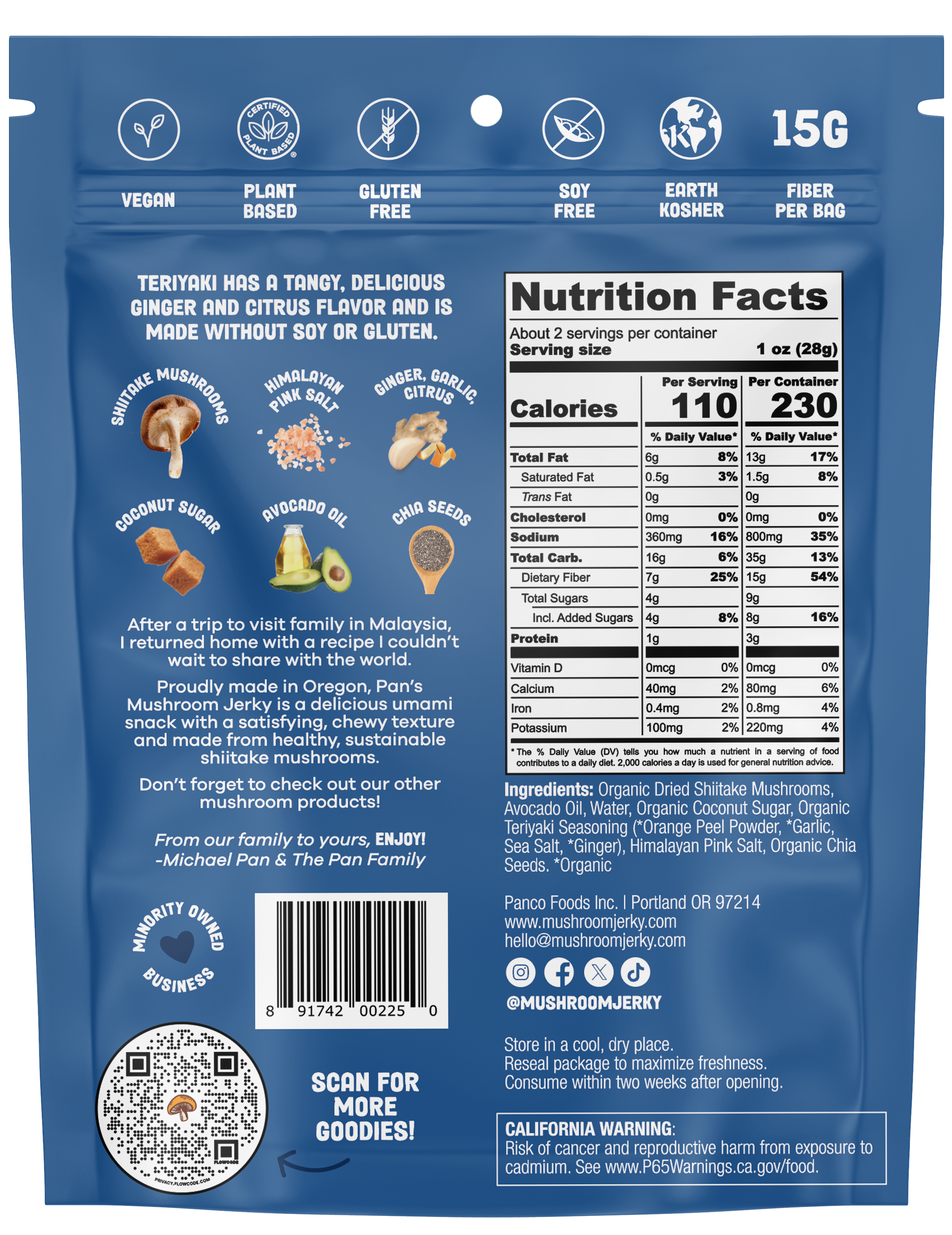 Nutrition facts for Teriyaki Mushroom Jerky