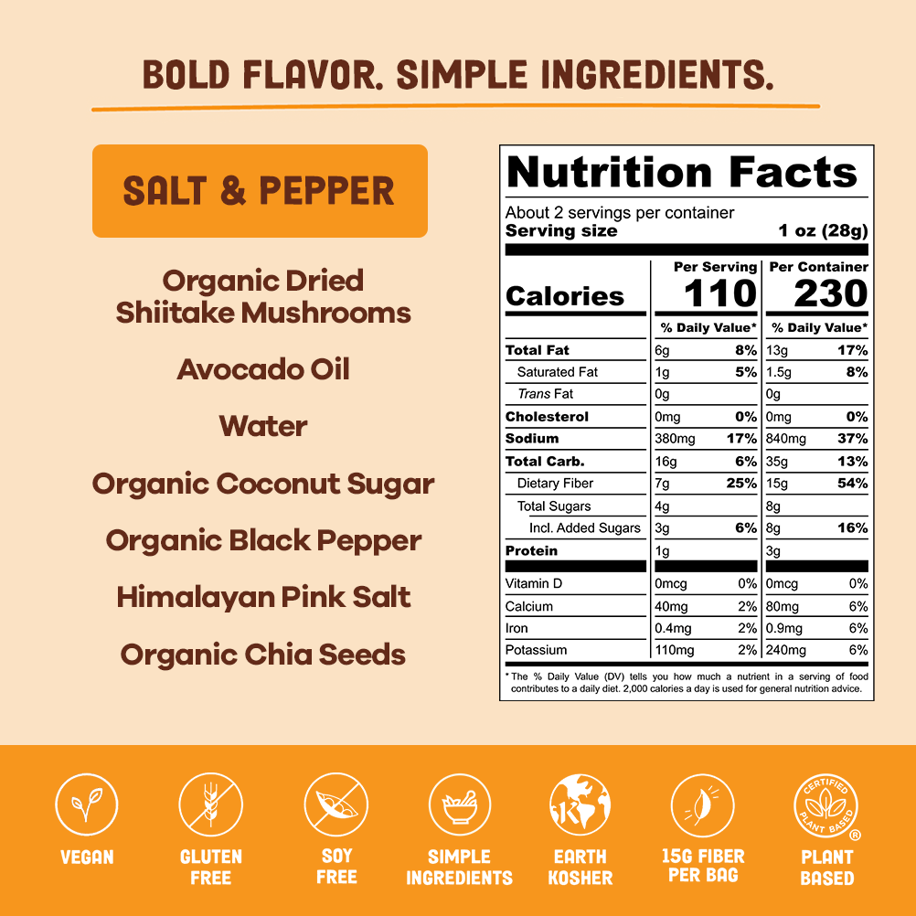 Nutrition facts for Salt & Pepper Mushroom Jerky