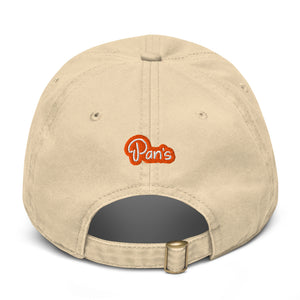 Back view of khaki baseball cap with "Pan's" logo on the back in orange and white font.