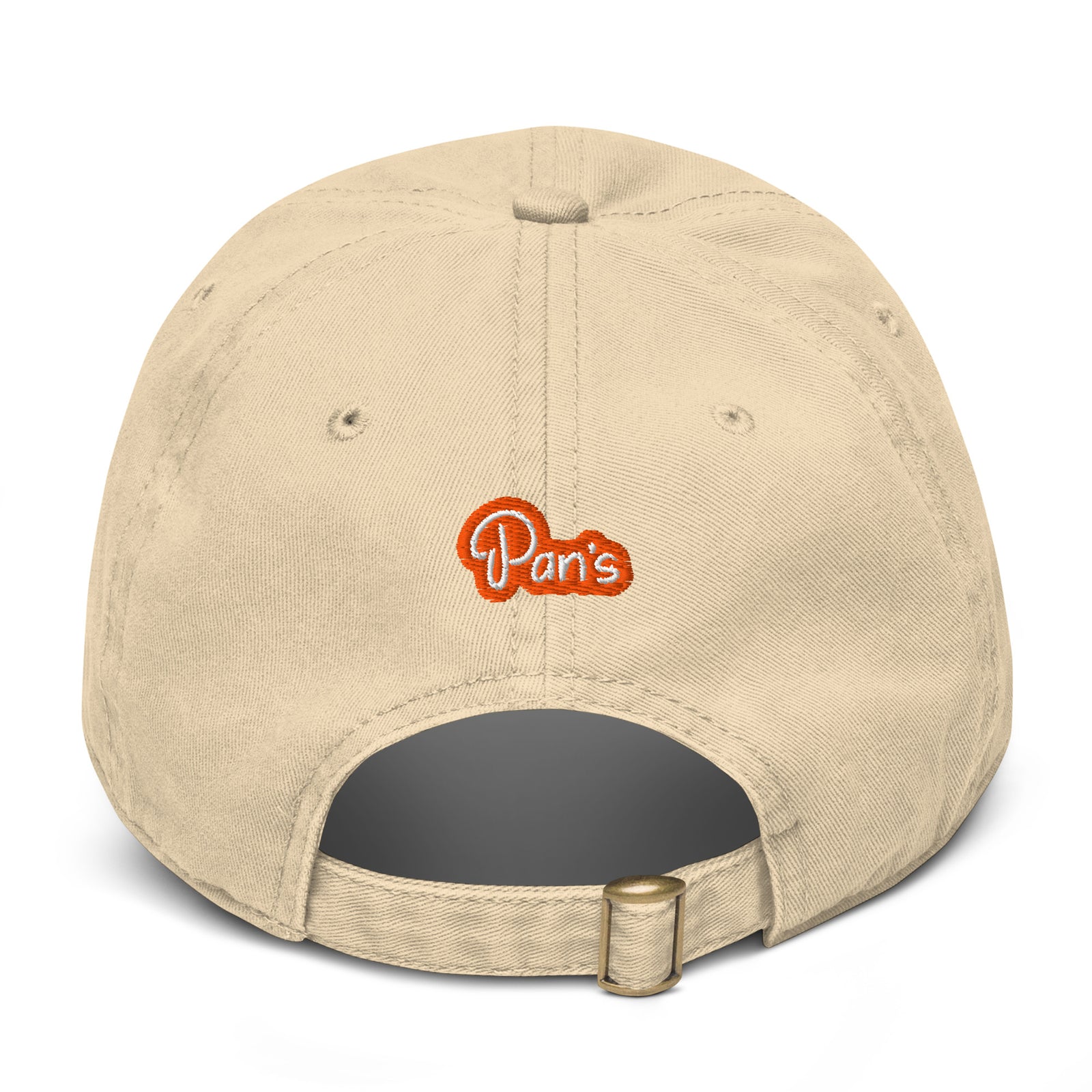 Front view of khaki baseball cap with embroidered cluster of six small mushrooms. Mushrooms have orange caps and white stems.