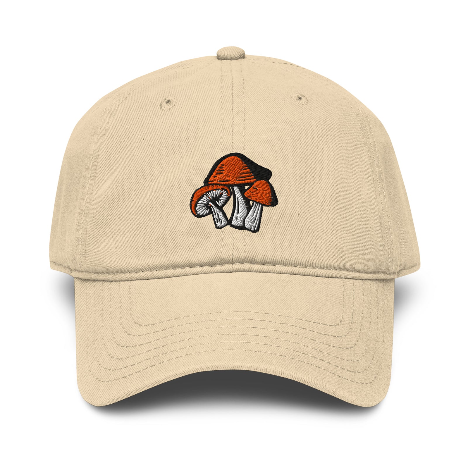 Khaki color baseball cap with graphic illustration of three mushrooms on the front. Mushrooms have orange caps and white stems.