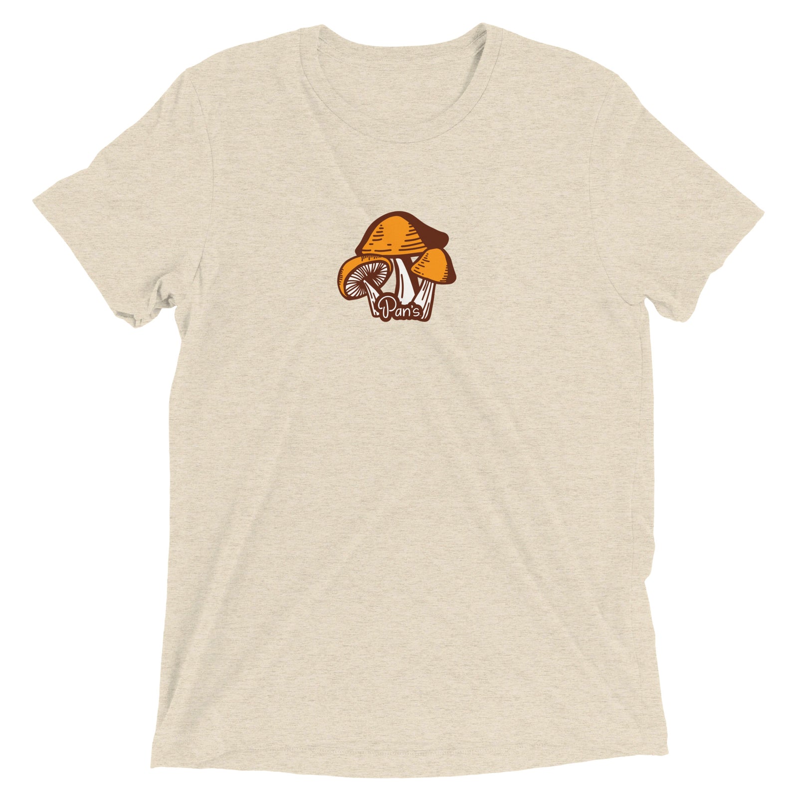 Front view of Pan's Logo + Three Mushrooms Graphic Tee. Three mushrooms with the "Pan's" logo in front along the bottom of the mushrooms. T-shirt is a heather beige color. 