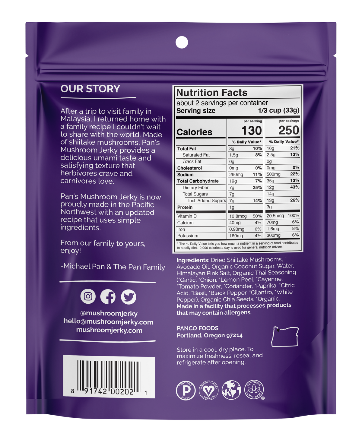 Pan's Mushroom Jerky Zesty Thai Vegan Mushroom Jerky